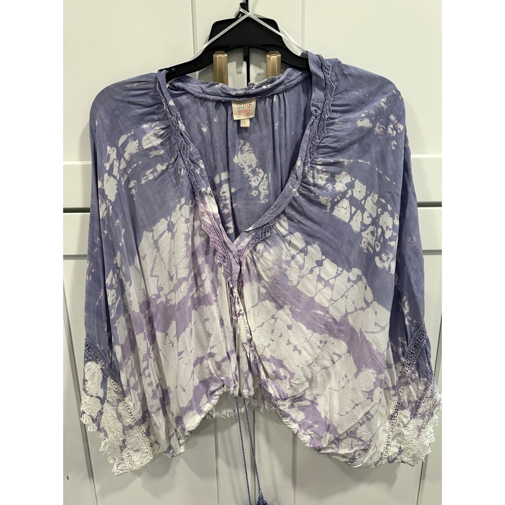 Surf Gypsy Purple Tie Dye Lace Trim Tassel Drawstring Crop Top Large Womens